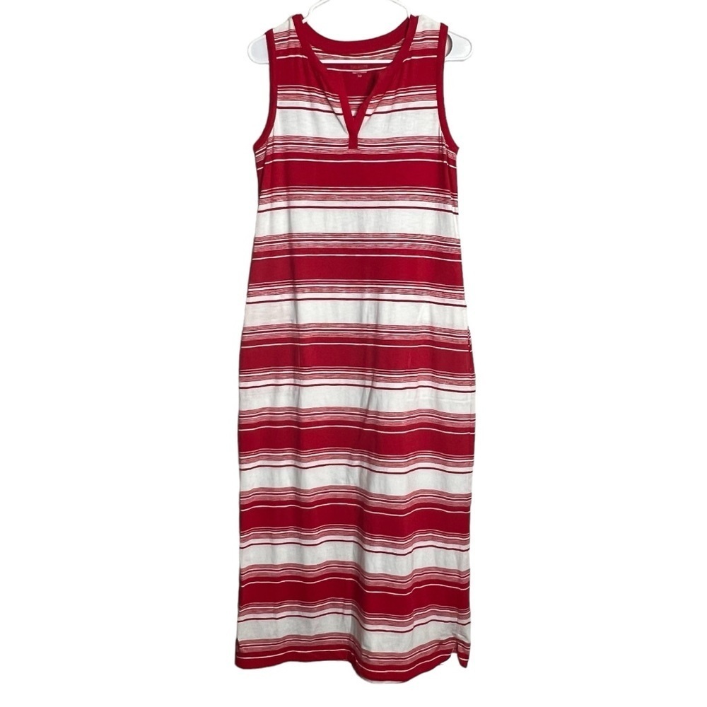 T by Talbots Womens Red White Striped Jersey Maxi Dress Pockets Size S Petite